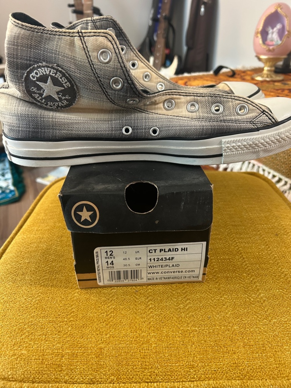 Converse White and Gray Plaid High-Top Sneakers